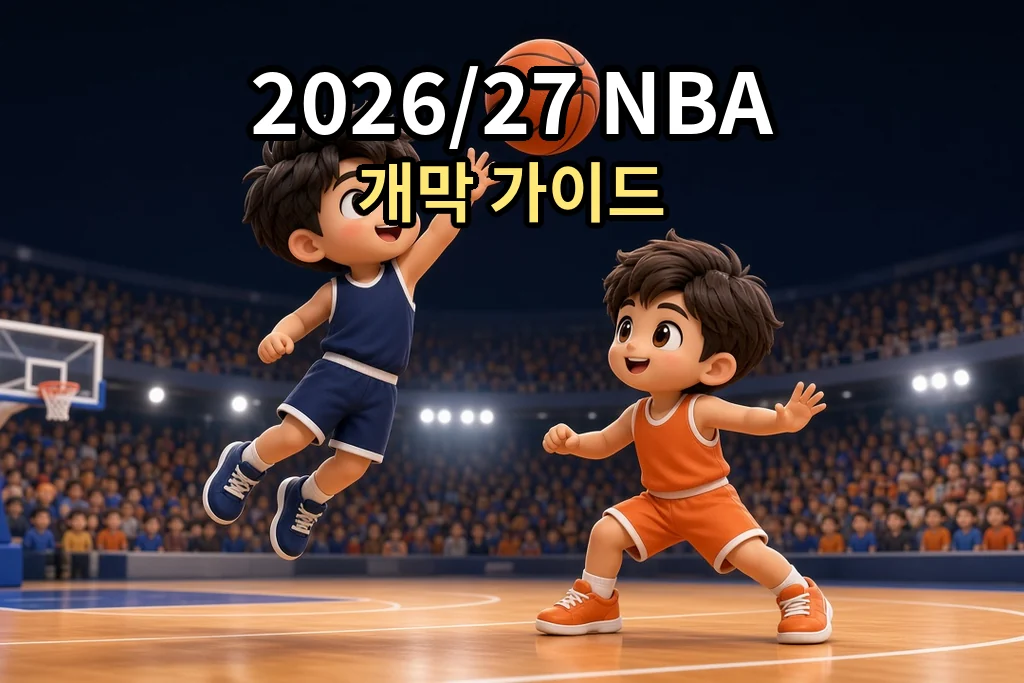 남색 유니폼 선수가 농구공을 향해 점프하고, 주황색 유니폼 선수가 수비하는 경기장. 위쪽에 2026/27 NBA 개막 가이드라고 적혀 있다.