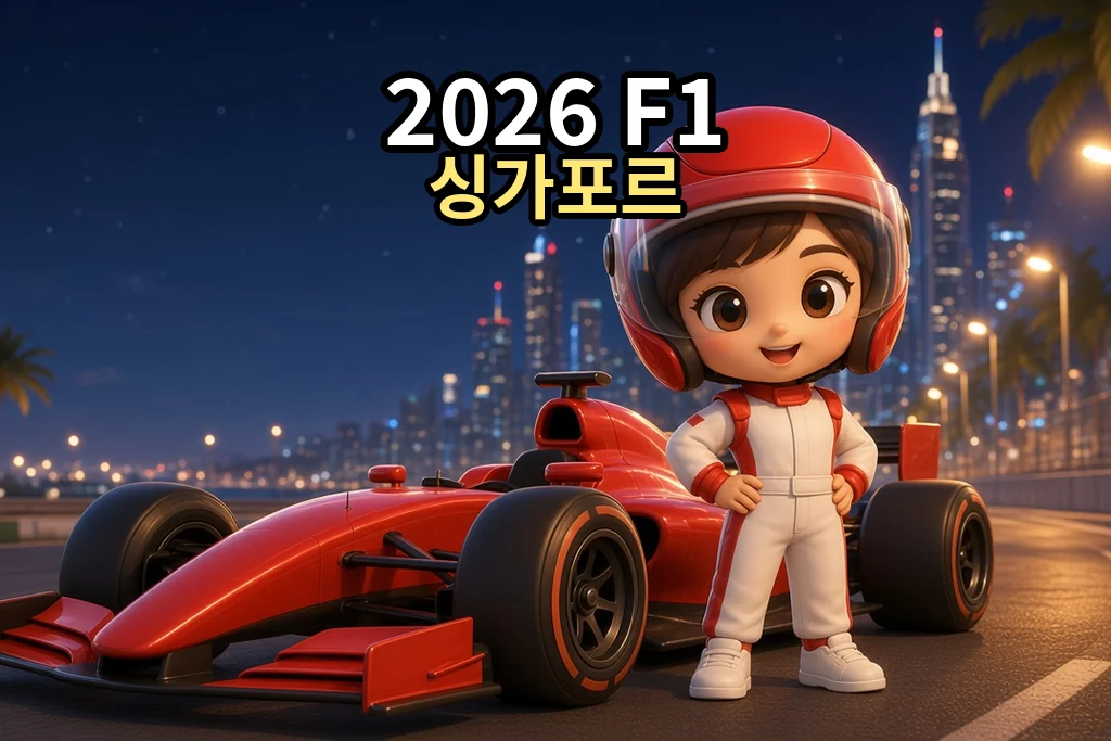 빨간 헬멧과 흰 레이싱 슈트의 치비 선수가 빨간 경주차 옆에 서 있는 야간 도시. 위쪽에 2026 F1 싱가포르라고 적혀 있다.